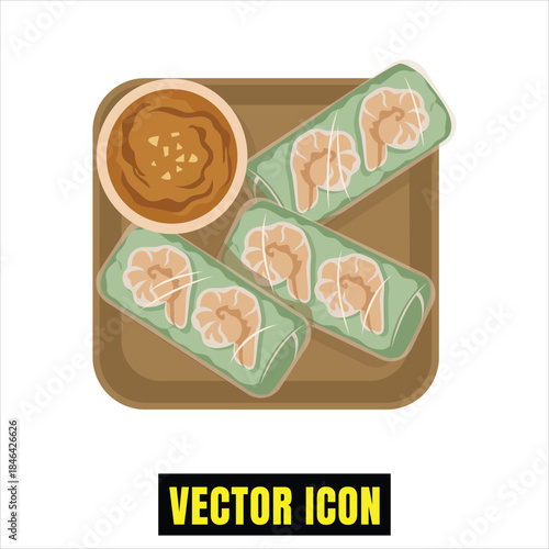 Fresh spring rolls with plump shrimp and a savory peanut dipping sauce on a brown tray Vector