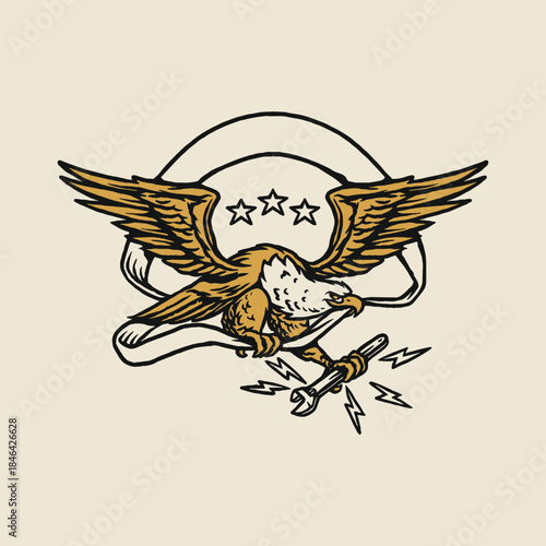 Canvas-taulu Vintage-style eagle illustration gripping a wrench with bold lightning elements, symbolizing strength and garage craftsmanship
