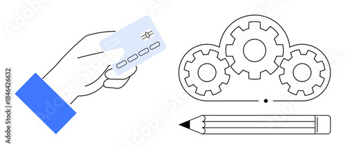 Digital payment, cloud computing, creativity, online tools, business solutions, teamwork. A hand holding a card next to a pencil and cloud gears. Digital payment and cloud computing concept