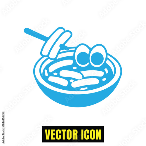 Cartoon bowl of food with googly eyes and sausages on a stick, a fun blue vector icon Vector