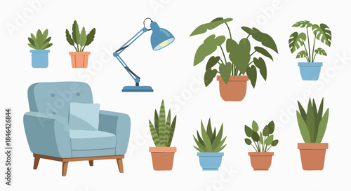 Modern interior design elements including armchair lamp and houseplants vector illustration home decor furniture green potted