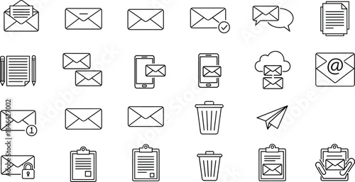 Email communication icons set, messaging symbols collection, envelope vector graphics, mobile device mail illustrations, secure email, notification, document management, digital interface elements