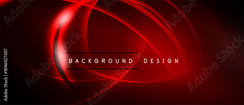 Dark red abstract design features flowing neon lines. Text reads background design centered within curves. Modern, vibrant visual.