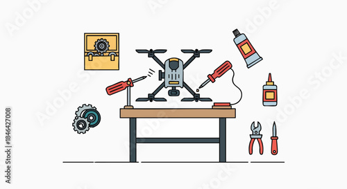 Drone repair assembly tools workbench flat line vector illustration quadcopter maintenance electronics engineering hobby fix workshop