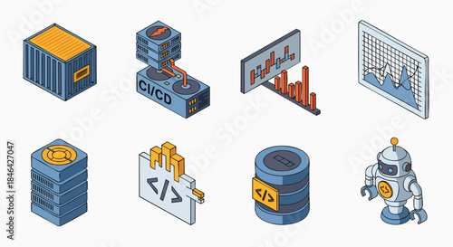 Isometric vector icons for modern software development and data analysis container CI/CD server database code robot