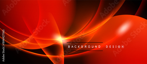 Abstract red design features flowing curves, bright highlights. Dynamic composition creates modern visual impact. Background elements suggest energy, movement.