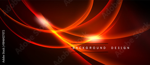 Abstract red energy lines create dynamic background. Bright light source radiates, forming modern design element. Dark space surrounds glowing curves.