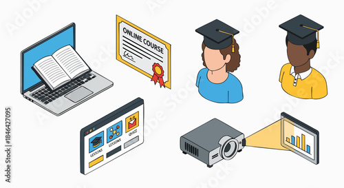 Isometric online education elearning digital learning icons vector set laptop book certificate graduate projector