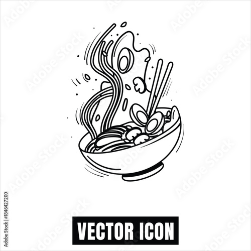 Dynamic bowl of ramen with noodles and various ingredients dramatically flying out Vector