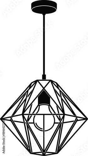 Modern Geometric Pendant Lamp Vector Icon; Contemporary Industrial or Loft Style Chandelier Silhouette with Exposed Bulb; Interior Lighting Graphic Design Element.