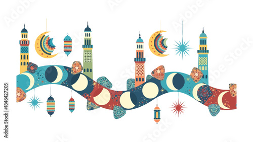 Celestial Celebration: A vibrantly illustrated depiction, featuring crescent moon and stars, creating a festive atmosphere celebrating cultural traditions.