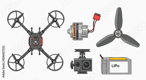 Essential drone parts quadcopter electronics vector illustration set quadcopter motor propeller gimbal camera battery LiPo