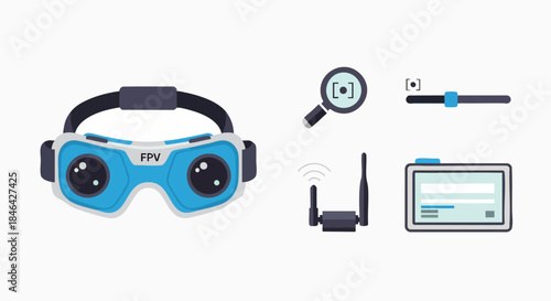 Flat vector icons for FPV drone VR and technology interface goggles headset magnifier slider display wifi antenna receiver