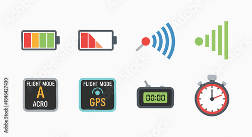 Essential drone RC display status icons vector collection battery signal flightmode GPS acro timer stopwatch telemetry