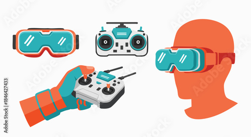 Modern virtual reality headset drone remote controller vector graphics gaming digital future tech orange teal