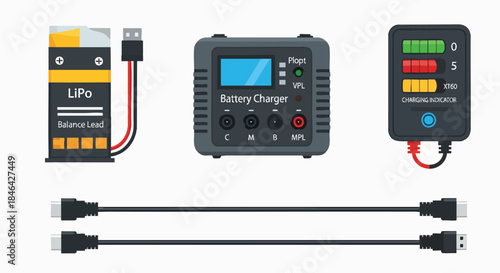 LiPo battery charger and charging accessories flat vector design electronics power connect USB cable isolated