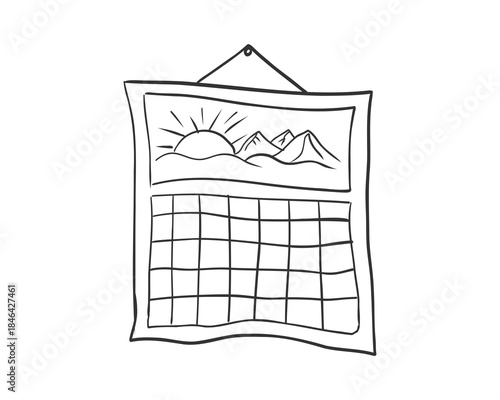 Calendar doodle grid icon, hand drawn sketch. Hanging line schedule planner with sun and mountains. Reminder and calendar with a check.