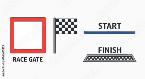 Simple race track elements start finish gate checkered flag illustration competition winner success journey game design vector