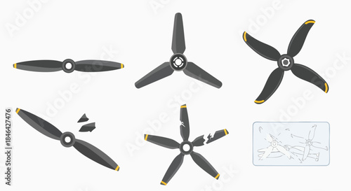 Various drone propellers intact and broken blades vector illustration droneparts quadcopter uav repair kit replacement