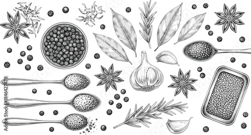 Monochrome Hand-Drawn Set of Kitchen Spices and Herbs, Including Star Anise, Peppercorns, Rosemary, Bay Leaf, and Garlic, Great for Recipes and Packaging.