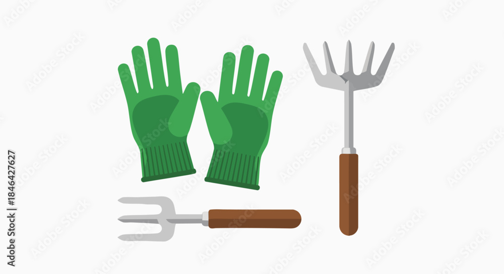 Fototapeta premium Green gardening gloves and small hand tools vector illustration garden tools planting digging horticulture protective equipment flat