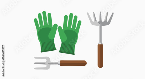 Green gardening gloves and small hand tools vector illustration garden tools planting digging horticulture protective equipment flat