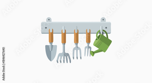 Flat design vector illustration of classic garden hand tools gardening tools equipment watering can trowel rake isolated clean