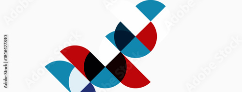 Abstract geometric shapes, circles, semicircles. Blue, red, black colors dominate white background. Modern design element.