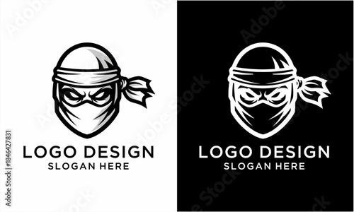 Ninja head logo design in black and white variations.