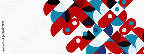Abstract geometric shapes overlap, creating vibrant red, blue, white pattern. Minimalist design, modern aesthetic, clean composition.