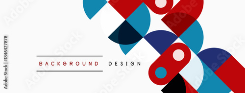 Abstract geometric shapes overlap, creating vibrant red, blue, navy design. White background provides clean contrast. Modern aesthetic.
