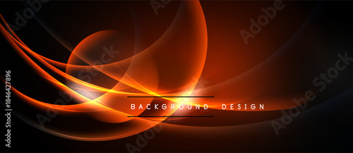Dynamic orange curves flow across dark background. Elegant design features bright lines, creating modern aesthetic. Simple text reads background design.