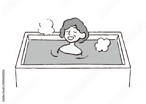 入浴をするシニア女性＿白黒イラスト