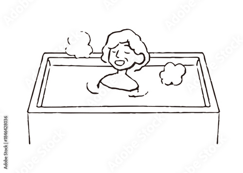 入浴をするシニア女性＿線画イラスト