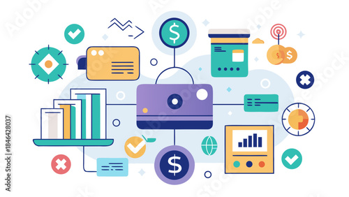 Flat style illustration of digital wallet surrounded by finance icons, charts, credit cards and payment symbols representing online financial management