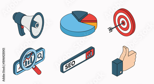 Isometric Marketing Business SEO Strategy Success Concept Icons Marketing SEO Analytics Data Target Promotion Growth Thumbsup