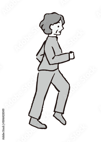 ウォーキングをするシニア女性＿白黒イラスト