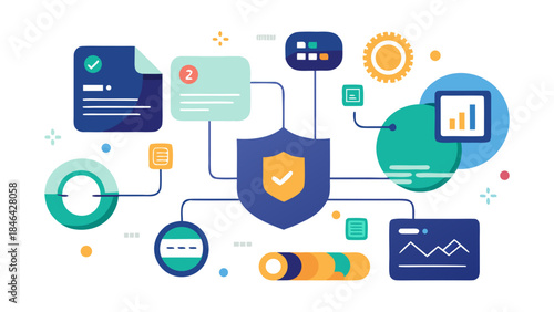 Colorful illustration of cybersecurity system with shield icon, charts, notifications and digital interface elements connected by network lines