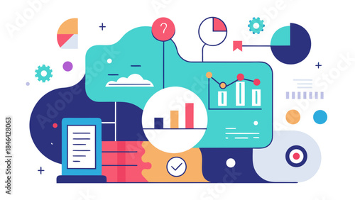 Colorful flat style illustration of data analysis and business performance metrics with graphs, charts and digital interface elements