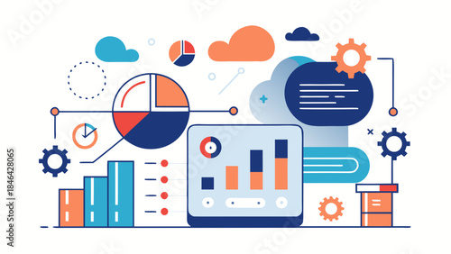 Flat design illustration of data analytics dashboard with pie charts, bar graphs, gears and cloud computing elements