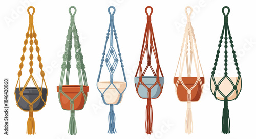 Colorful set of macrame plant hangers with pots Bohemian Decor Handmade Plants Indoor Style Knots