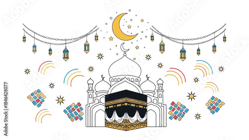 Mystical Mecca: A serene illustration of the Kaaba in Mecca, adorned with intricate details, crescent moon, and lanterns, conveying a sense of spiritual peace and cultural reverence.