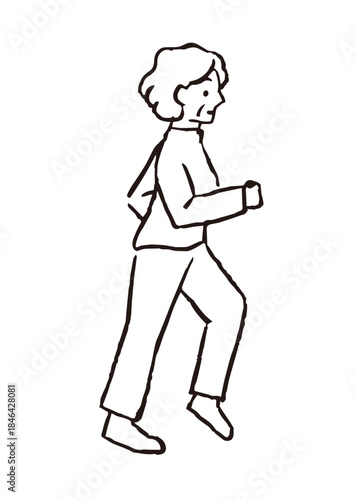 ウォーキングをするシニア女性＿線画イラスト