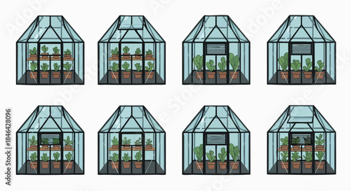 Eight varied cartoon greenhouses filled with potted plants illustrations garden hothouse icon vector graphic cultivation