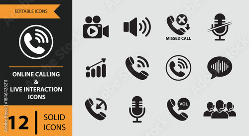 A collection of 12 solid online calling and live interaction icons for modern communication
