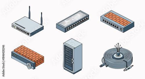 Isometric network infrastructure devices cable server rack vector art router switch firewall data internet security technology