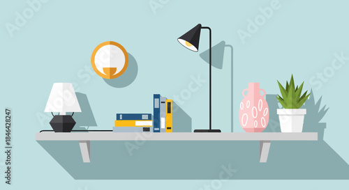 Decorative Shelf With Plant And Books Flat Illustration Style
