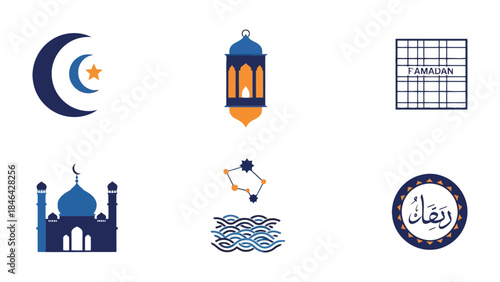 Ramadan Icon Set: A collection of symbolic icons, elegantly illustrating the essence of Ramadan, capturing the spirit of this religious observance.