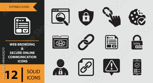 Essential web browsing and secure online communication solid icon set