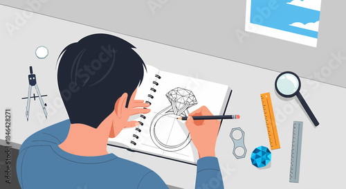 Designer Sketches A Diamond Ring Design In His Studio Illustration